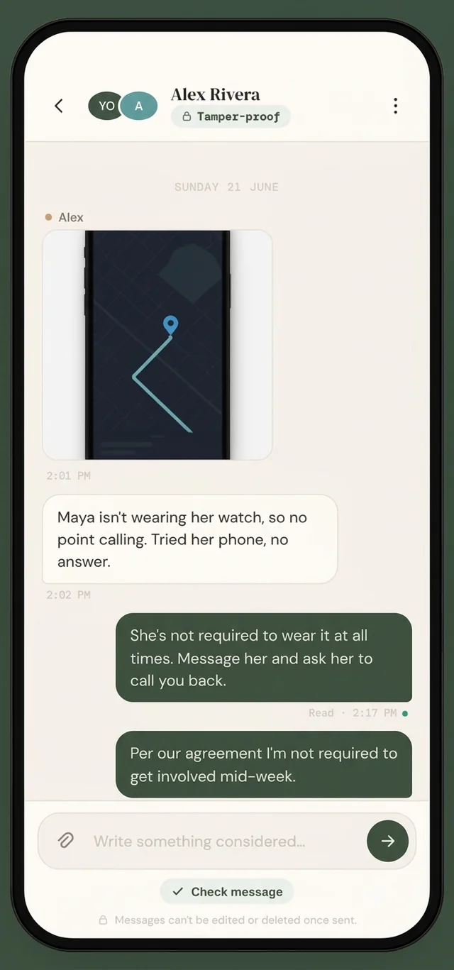 A Clarity message thread on mobile — each message timestamped, with a Check message option before sending