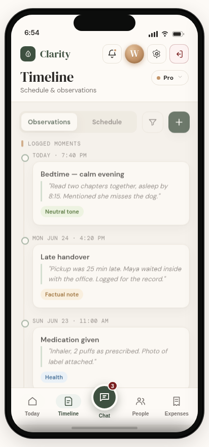 Clarity on a phone, showing a timeline of logged moments, each with a date, note and tone