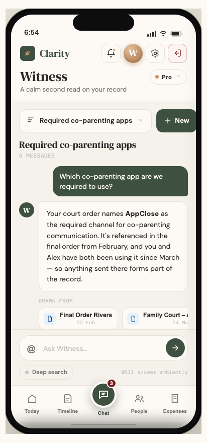 Clarity on a phone, showing Witness answering a question, with the documents it drew the answer from